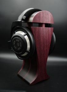 amaranth and black hornbeam exotic wood headphone stand - with headphones