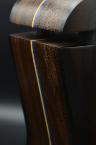 black hornbeam and wenge with Ukrainian colors exotic wood headphone stand - Closeup