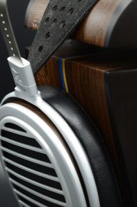 black hornbeam and wenge with Ukrainian colors exotic wood headphone stand - headphones close