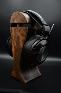 camphor burl and black hornbeam exotic wood headphone stand - Dark BG - WIth Headphone