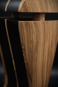 italian olive and black hornbeam exotic wood audiophile headphone stand - close up