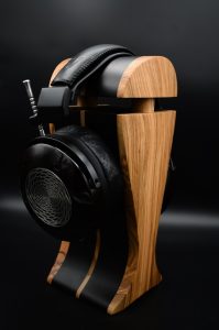 italian olive and black hornbeam exotic wood audiophile headphone stand - with headphones