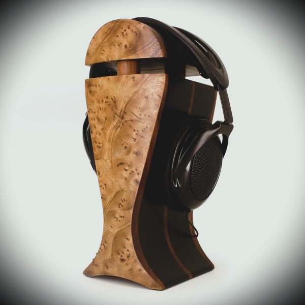 camphor burl veneer and black hornbeam exotic wood audiophile headphone stand