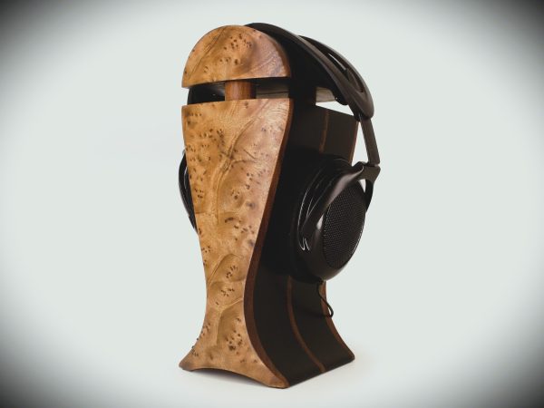 camphor burl and black hornbeam exotic wood headphone stand