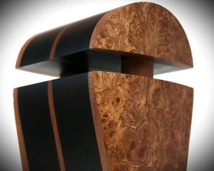 elm burl veneer and black hornbeam exotic wood audiophile headphone stand - close up