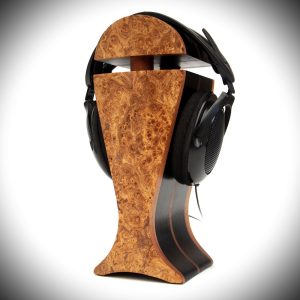 elm burl veneer and black hornbeam exotic wood audiophile headphone stand