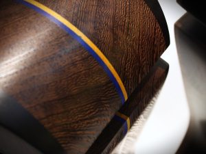 wenge and black hornbeam exotic wood audiophile headphone stand with Ukrainian inserts - close up