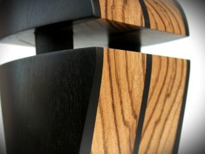 zebrano and black hornbeam exotic wood audiophile headphone stand - close up