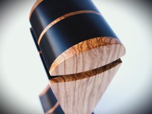 italian olive and black hornbeam exotic wood audiophile headphone stand - Close Up top