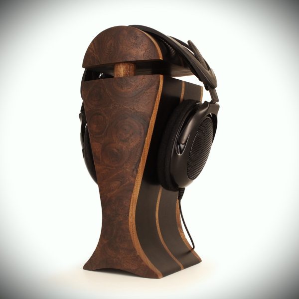 walnut burl veneer and black hornbeam exotic wood audiophile headphone stand